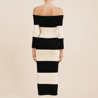 posse cream and black theo over the shoulder dress - silhouette striped black and white long sleeve dress - off the shoulder full length long sleeve striped dress - fitted elegant body con dress -  