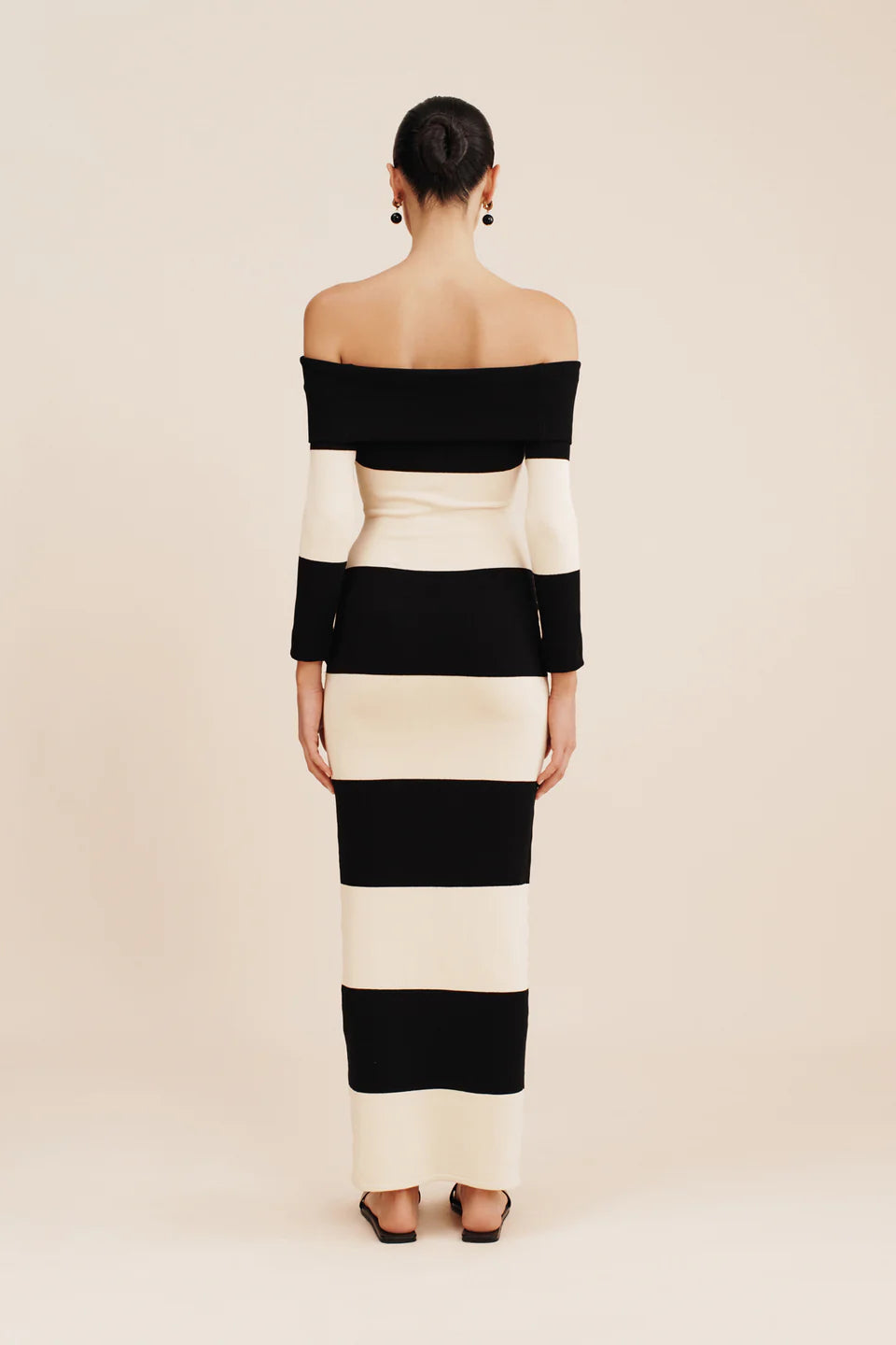 posse cream and black theo over the shoulder dress - silhouette striped black and white long sleeve dress - off the shoulder full length long sleeve striped dress - fitted elegant body con dress -  