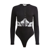 Rib and Bouquet Lace Underbust Bodysuit | Black