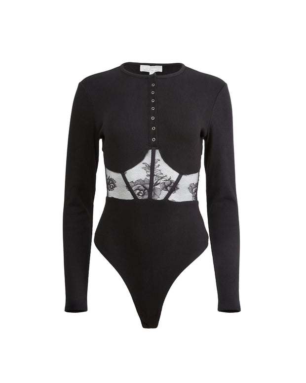 Rib and Bouquet Lace Underbust Bodysuit | Black