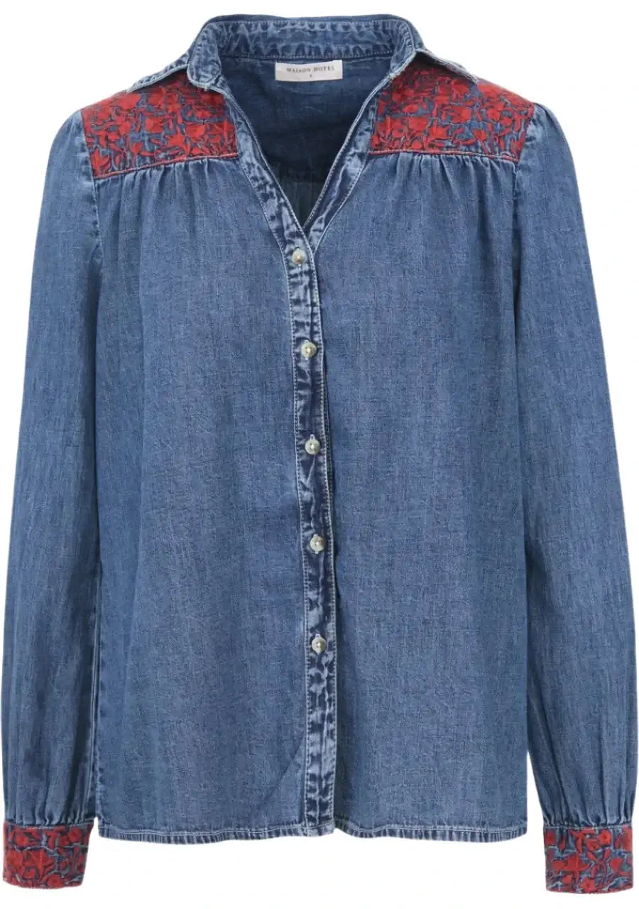 maison hotel -  2 WEST DENIM-PHOEBE-BLOUSE-BLUE MOON -  2 WEST DENIM-PHOEBE-BLOUSE-BLUE moon  - embroudered denim shirt - embroidered denim wester shirt top blouse