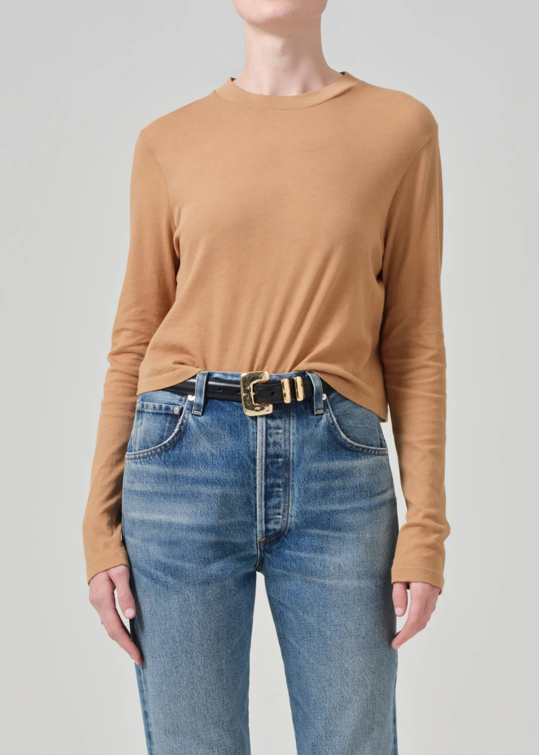 Sabine Cropped Long Sleeve in ambra - tan neutral nude light brown long sleeve citizens oh humanity - ultra lightweight knit Sabine - super soft - long sleeve for layering