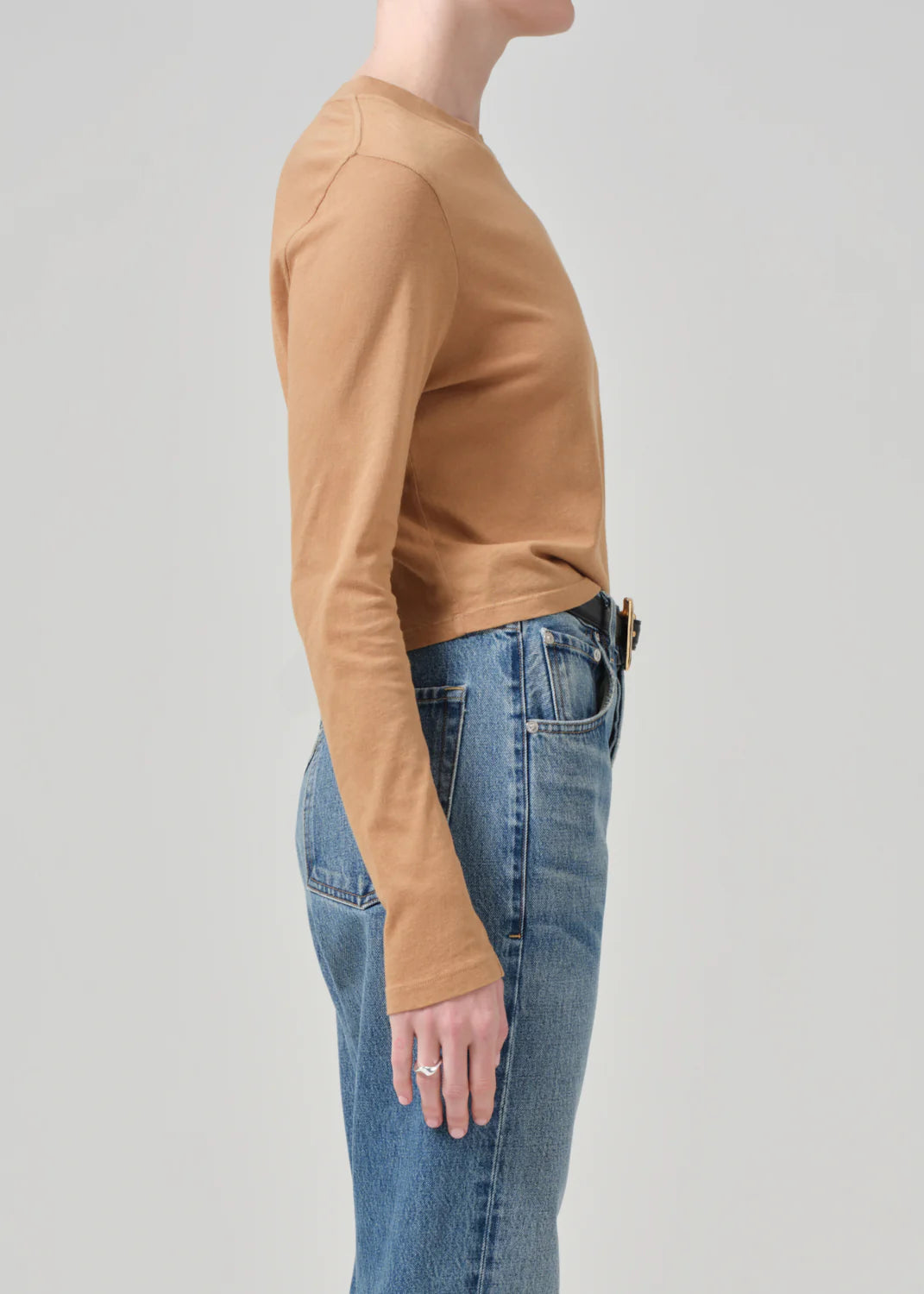 Sabine Cropped Long Sleeve in ambra - tan neutral nude light brown long sleeve citizens oh humanity - ultra lightweight knit Sabine - super soft - long sleeve for layering