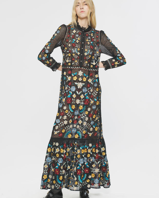 Atik batik multi colored dress - adriani multicolor - long embellished multi color floral and black dress  