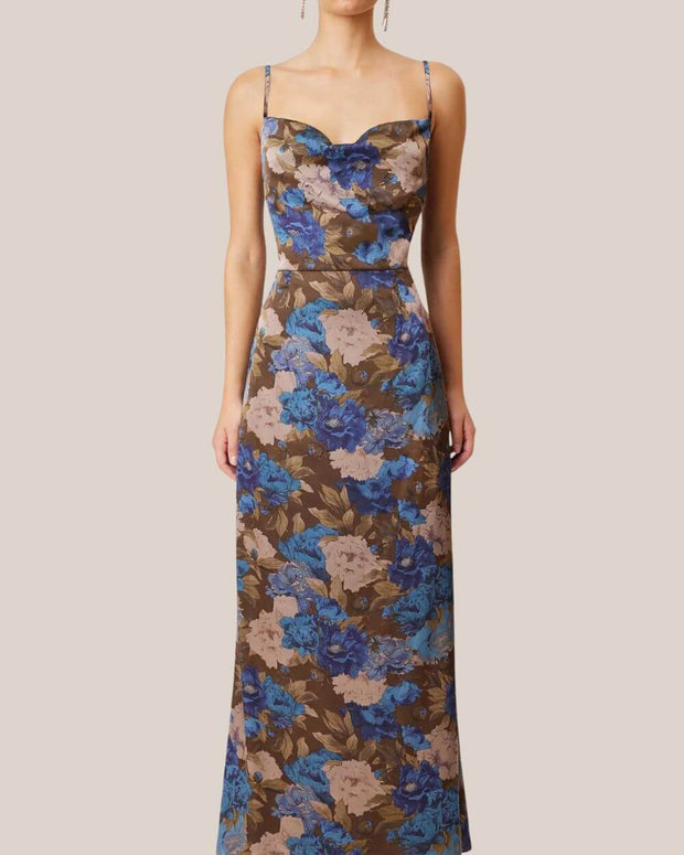 floral maxi dress - blair dress elliatt - party dress - wedding guest dress - brown blue nude floral long dress 