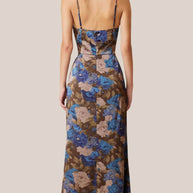 floral maxi dress - blair dress elliatt - party dress - wedding guest dress - brown blue nude floral long dress 