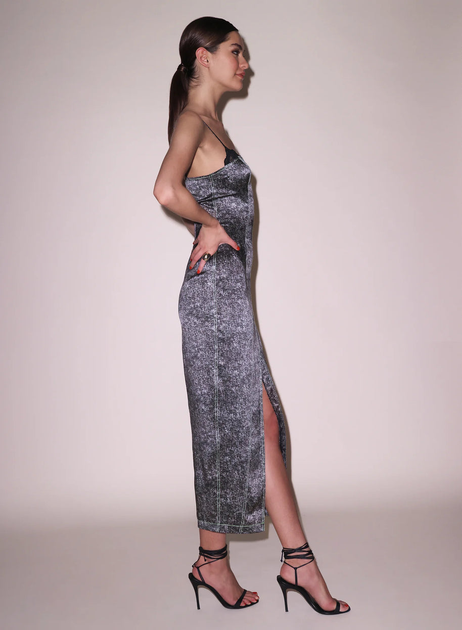 Fleur du Mal Margaux acid wash maxi dress. Holiday cocktail dress 