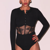 Rib and Bouquet Lace Underbust Bodysuit | Black