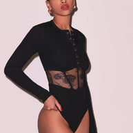 Rib and Bouquet Lace Underbust Bodysuit | Black