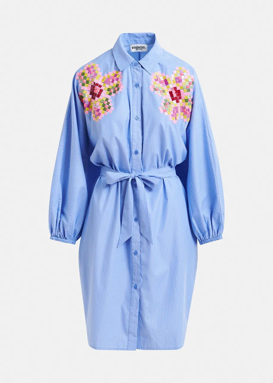 Blue and white striped shirt dress with embroideries - Essentiel Antwerp