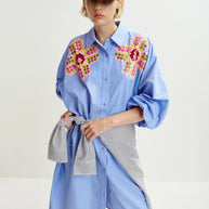 Blue and white striped shirt dress with embroideries - Essentiel Antwerp