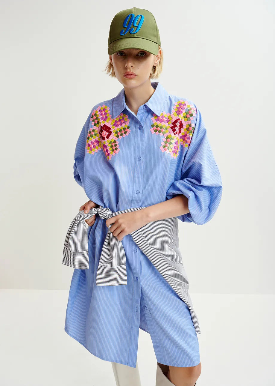 Blue and white striped shirt dress with embroideries - Essentiel Antwerp