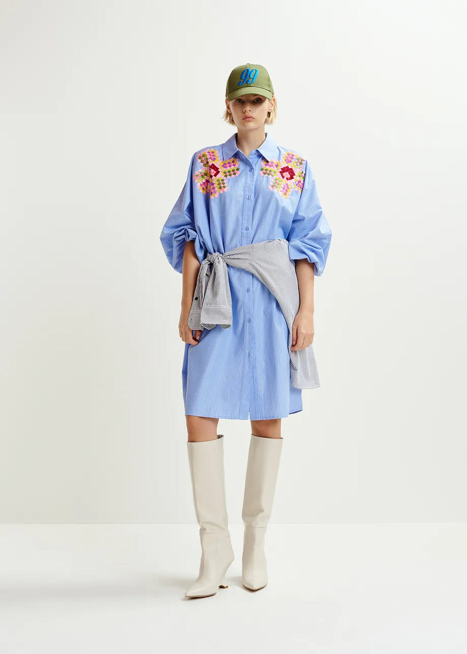 Blue and white striped shirt dress with embroideries