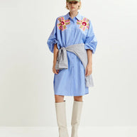 Blue and white striped shirt dress with embroideries