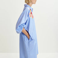 Blue and white striped shirt dress with embroideries