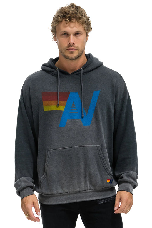 Aviator Nation Vintage Logo Pullover Hoodie Relaxed Unisex Faded Black Hoodie 