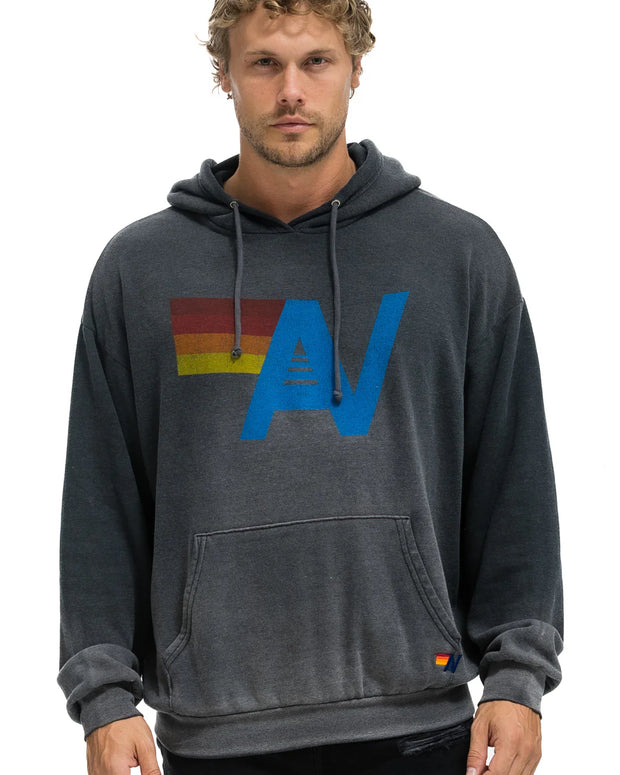 Aviator Nation Vintage Logo Pullover Hoodie Relaxed Unisex Faded Black Hoodie 