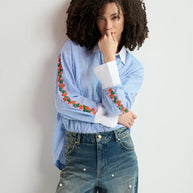 essentiel antwerp Blue and white pinstriped cotton shirt with flower embroidery - cotton - poplin - harkle top