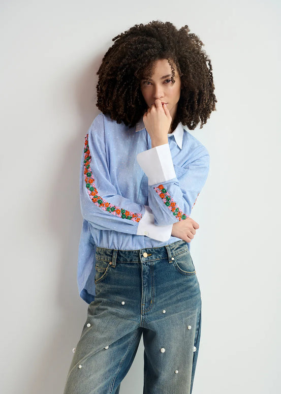 essentiel antwerp Blue and white pinstriped cotton shirt with flower embroidery - cotton - poplin - harkle top