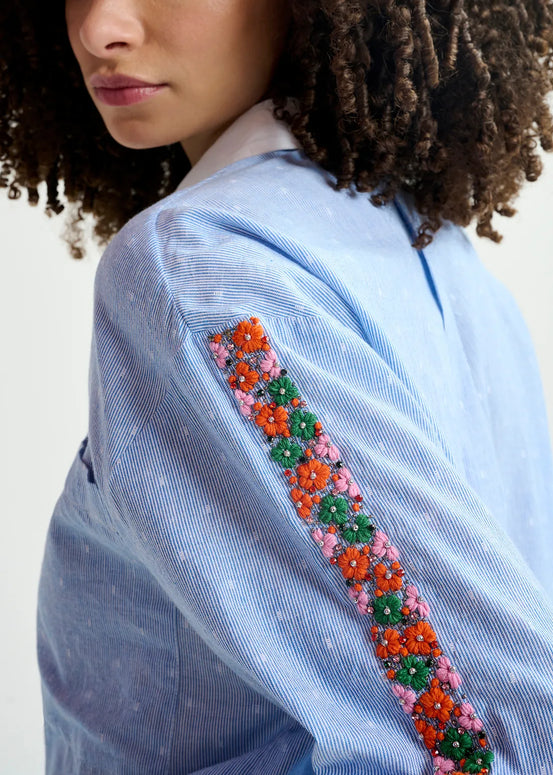 essentiel antwerp Blue and white pinstriped cotton shirt with flower embroidery - cotton - poplin - harkle top