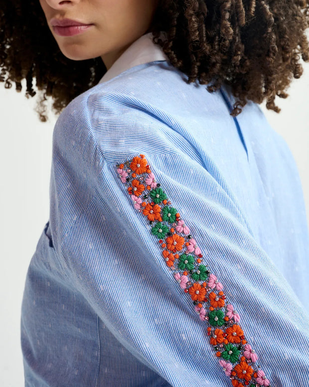 essentiel antwerp Blue and white pinstriped cotton shirt with flower embroidery - cotton - poplin - harkle top