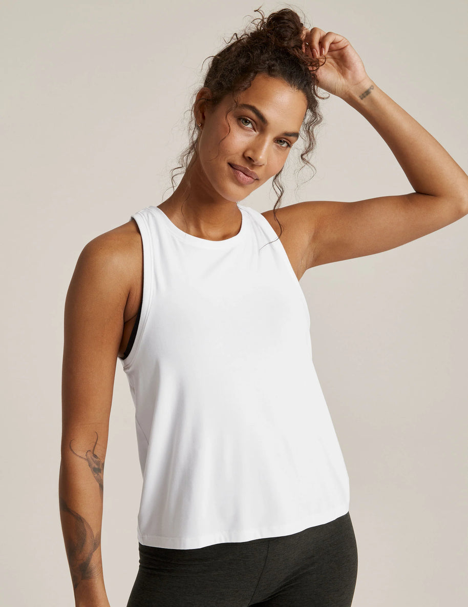 Beyond Yoga Featherweight Rebalance Tank in White, White work out loose fit tank, white muscle Womens workout tank 