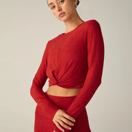 Beyond Yoga Featherweight Center Stage Cropped Long Sleeve Pullover in Ruby Red