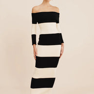 posse cream and black theo over the shoulder dress - silhouette striped black and white long sleeve dress - off the shoulder full length long sleeve striped dress - fitted elegant body con dress -  