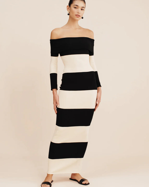 posse cream and black theo over the shoulder dress - silhouette striped black and white long sleeve dress - off the shoulder full length long sleeve striped dress - fitted elegant body con dress -  