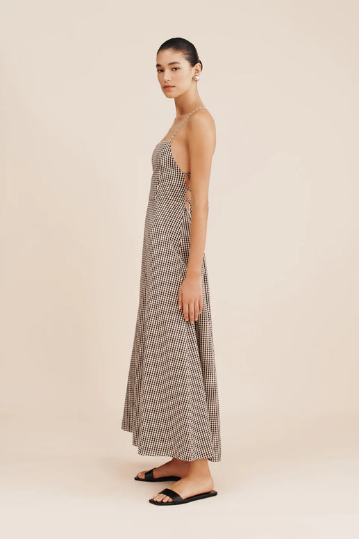 posse lori dress gingham - statement dress - nostalgic dress - day or night dress - square neckline dress - open back cotton maxi dress