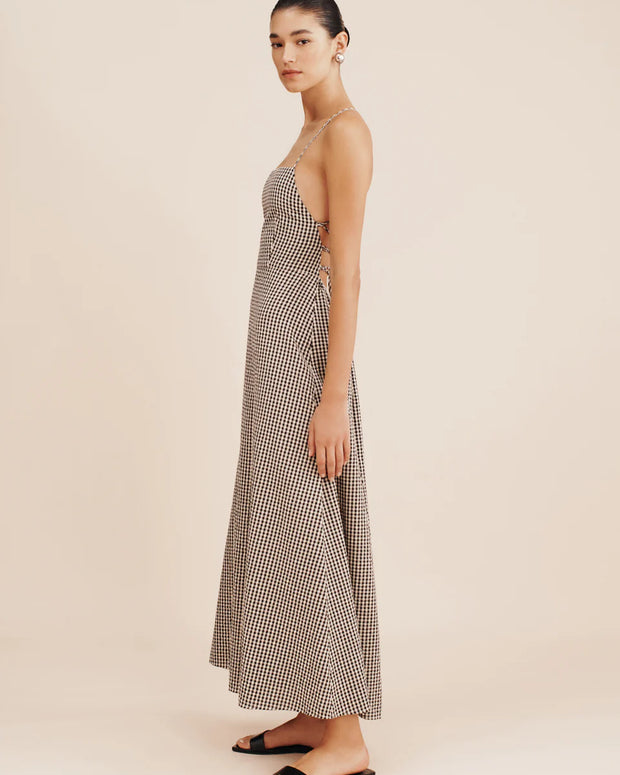 posse lori dress gingham - statement dress - nostalgic dress - day or night dress - square neckline dress - open back cotton maxi dress