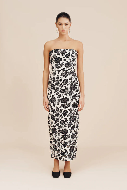 Posse the label romeo dress in Noir Bloom - floral black and white strapless dress - bow dress