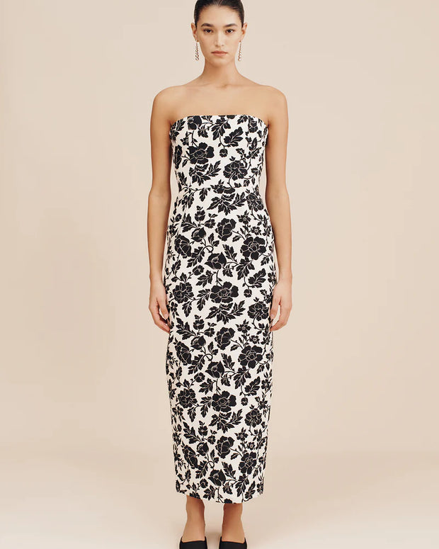 Posse the label romeo dress in Noir Bloom - floral black and white strapless dress - bow dress