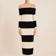 posse cream and black theo over the shoulder dress - silhouette striped black and white long sleeve dress - off the shoulder full length long sleeve striped dress - fitted elegant body con dress -  