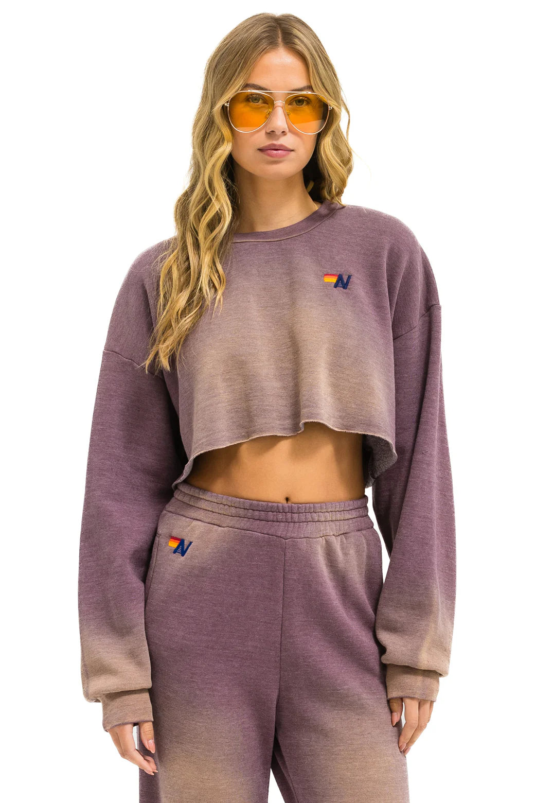 Aviator Nation Vintage Logo Cropped Crew Sweatshirt Relaxed Faded Mocha 