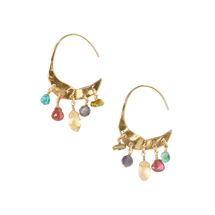 Petite crescent moon hoops featuring tourmaline, iolite, citrine, turquoise, freshwater pearl and 18k gold plated sterling silver.