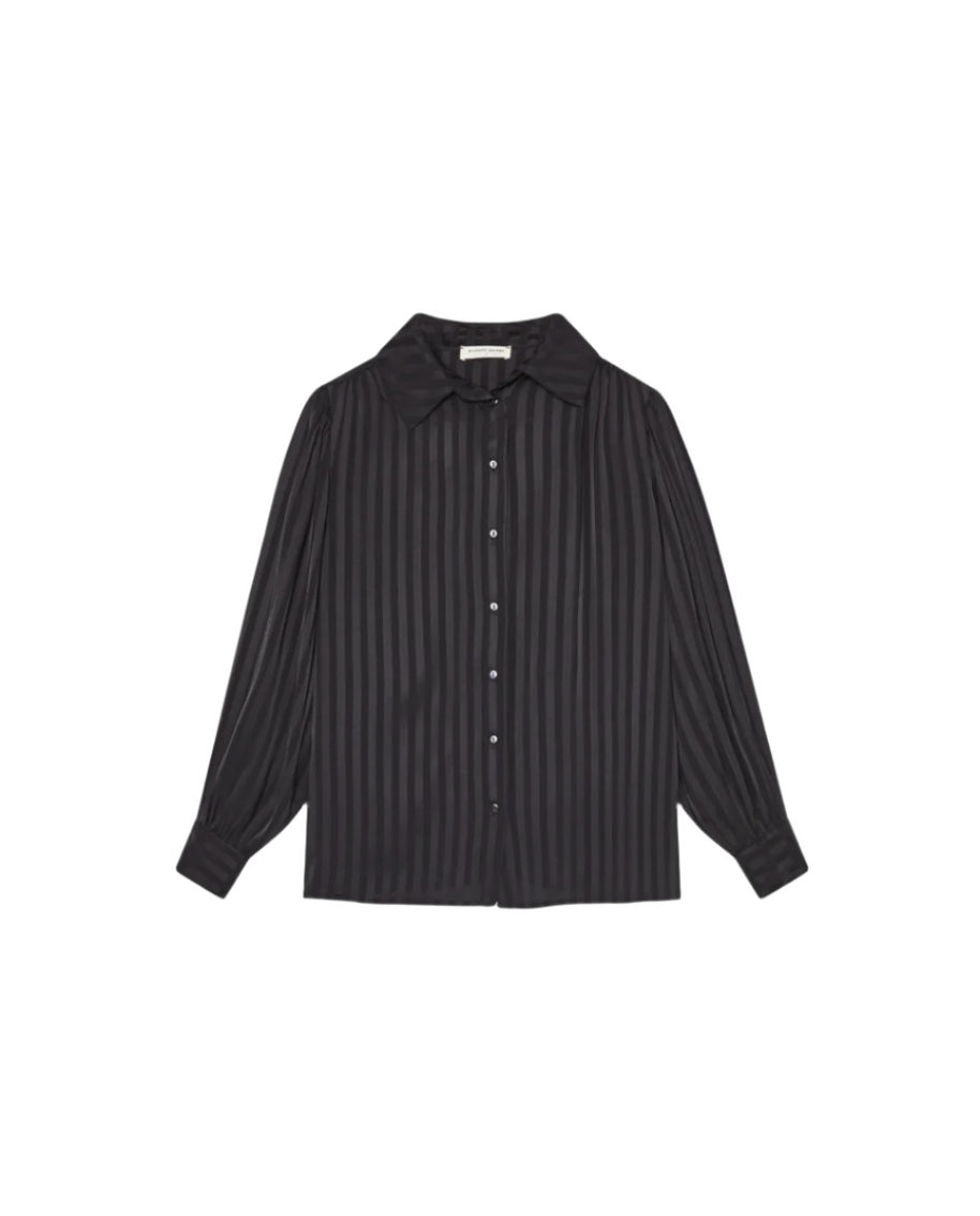 maison hotel satin night marie blouse dark room - satin button down blouse - button down silk striped shirt black 