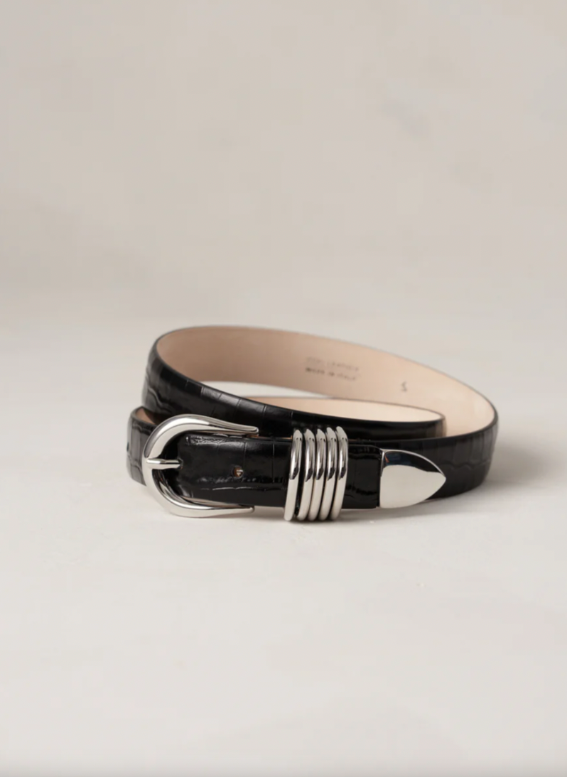 Déhanche Hollyhock Croco Belt in Black, Women's Black and Silver Belt 