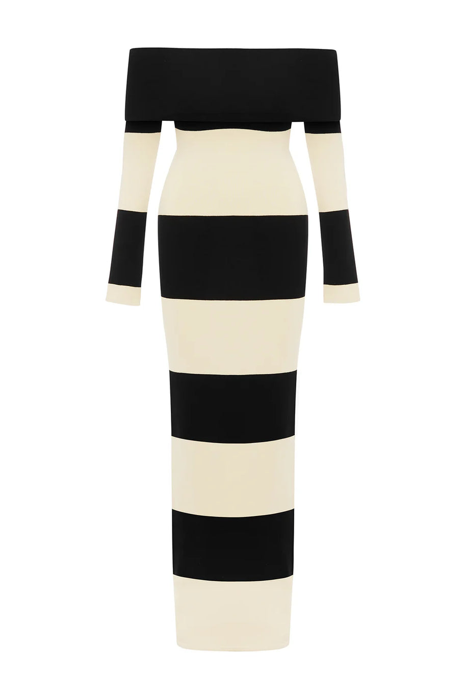 posse cream and black theo over the shoulder dress - silhouette striped black and white long sleeve dress - off the shoulder full length long sleeve striped dress - fitted elegant body con dress -  