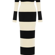 posse cream and black theo over the shoulder dress - silhouette striped black and white long sleeve dress - off the shoulder full length long sleeve striped dress - fitted elegant body con dress -  