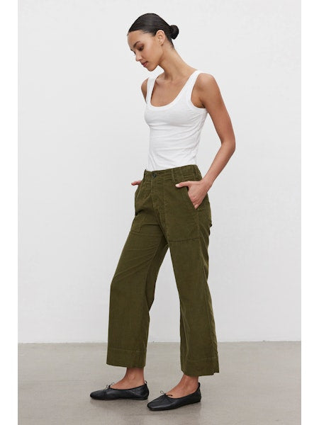 Vera Corduroy Pant in Aloe Velvet By Graham & Spencer - cotton corduroy pant - green wide leg corduroy pant