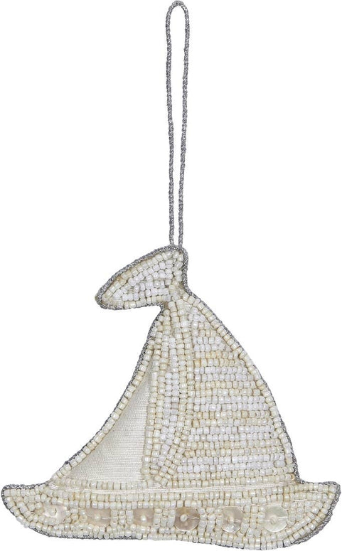 Sailboat White Beaded Ornament