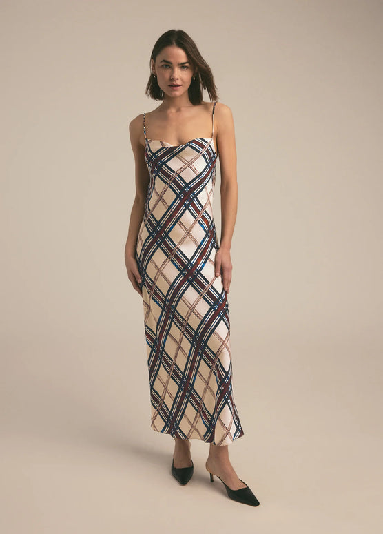 kaia dress favorite daughter sangria blush - holiday dress long - silky satin midi dress - bias cut dress - adjustable straps - cowl neckline - plaid dress