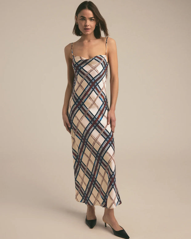 kaia dress favorite daughter sangria blush - holiday dress long - silky satin midi dress - bias cut dress - adjustable straps - cowl neckline - plaid dress