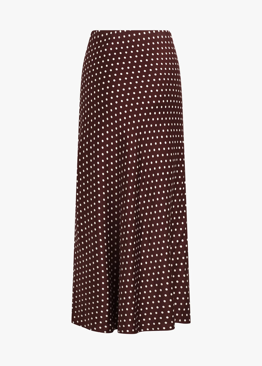 favorite daughter favorite skirt in sangria ditsy dot - dark red burgundy  polka dot skirt - silky satin bias cut skirt 