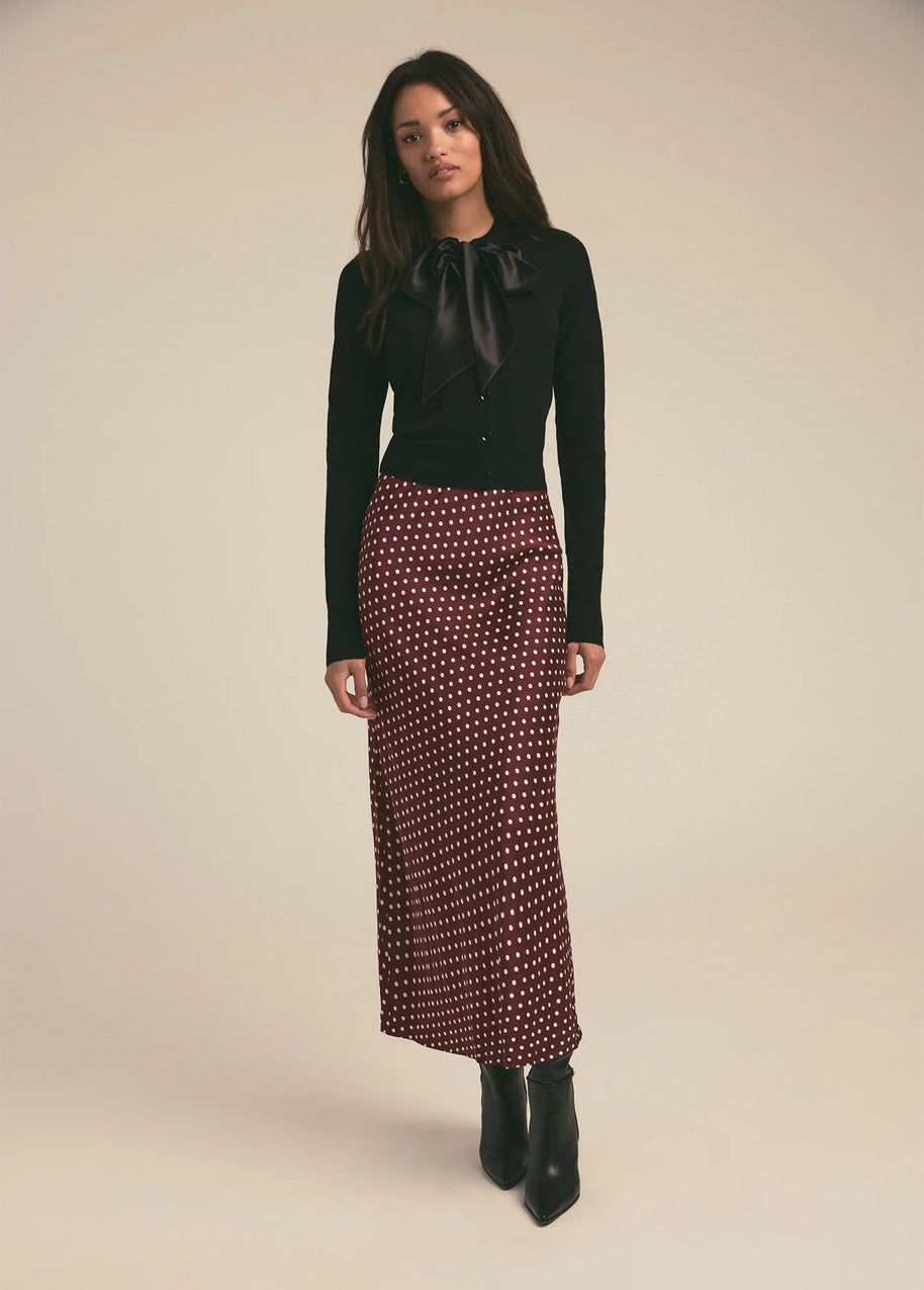 favorite daughter favorite skirt in sangria ditsy dot - dark red burgundy  polka dot skirt - silky satin bias cut skirt 