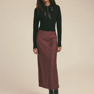 favorite daughter favorite skirt in sangria ditsy dot - dark red burgundy  polka dot skirt - silky satin bias cut skirt 