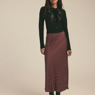 favorite daughter favorite skirt in sangria ditsy dot - dark red burgundy  polka dot skirt - silky satin bias cut skirt 