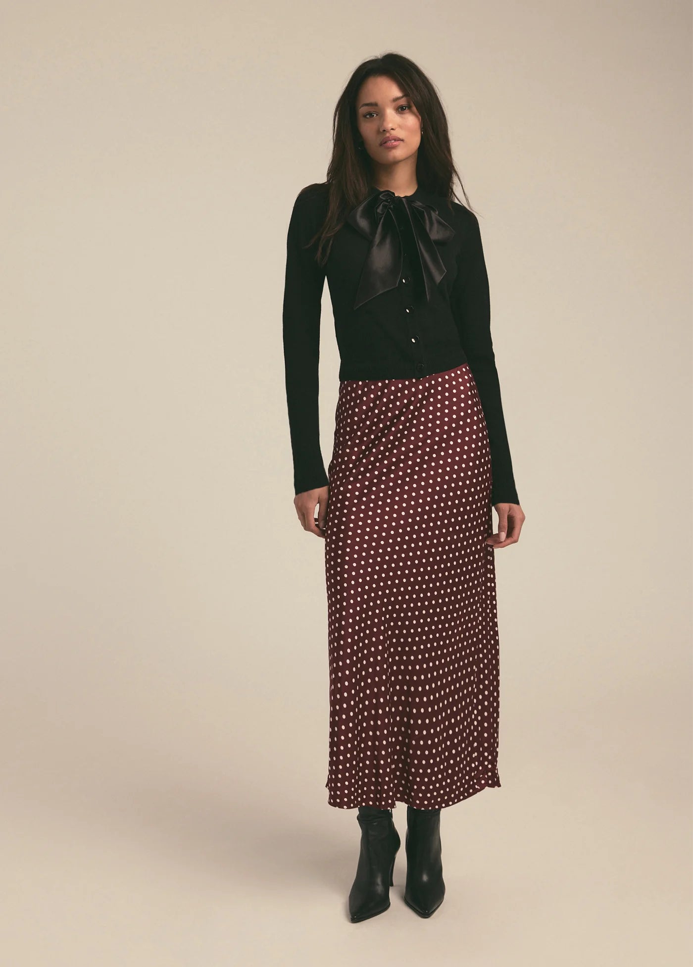 favorite daughter favorite skirt in sangria ditsy dot - dark red burgundy  polka dot skirt - silky satin bias cut skirt 