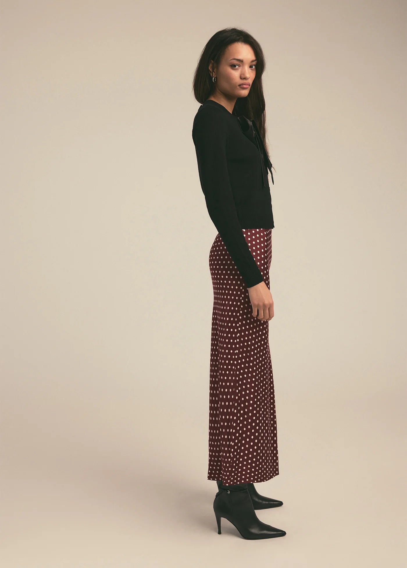 favorite daughter favorite skirt in sangria ditsy dot - dark red burgundy  polka dot skirt - silky satin bias cut skirt 